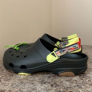 Classic Black Crocs with Yellow Velcroed Detailing